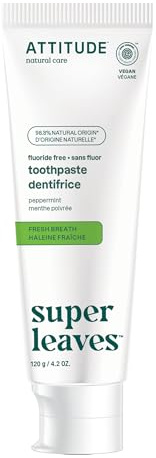ATTITUDE Fluoride-Free Fresh Breath Toothpaste, Peppermint Flavor, Vegan & Cruelty-Free, Sugar-Free, Plant & Mineral-Based Ingredients, Clean Oral Care, 120 g