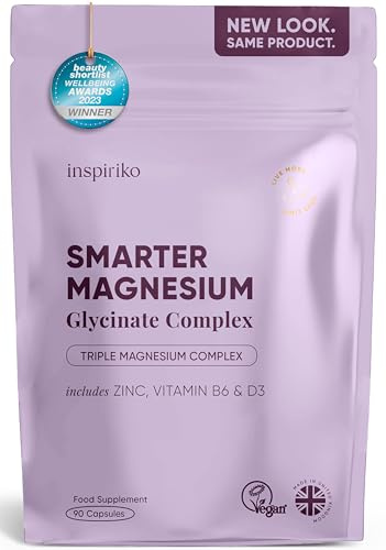 Inspiriko 6-in-1 Magnesium Supplements for Women (45 Day Supply) 1600mg Triple Magnesium Complex with Citrate, Malate & Glycinate, Zinc, B6 & D3, 90 Capsules