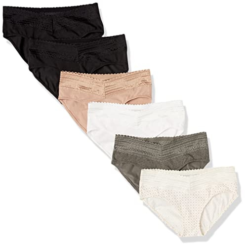 Warners Blissful Benefits Women's Dig-Free Comfort Waist with Lace Cotton Hipster Panties 6-Pack, Toasted Almond/Black/White/Bodytone Polda Dot/Stone Crystal Web/Black, XL