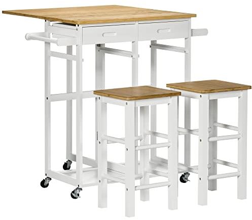 HOMCOM Ensemble Table de Bar Chariot de Cuisine Table de Cuisine Pliante roulettes + 2 tabourets Blanc et Bois Clair - 2 tiroirs et Porte-torchons