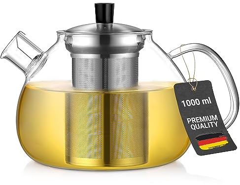 ecooe Tetera de cristal de borosilicato, 1000 ml, con colador extraíble de acero inoxidable 18/8, resistente al calor, para té negro, verde