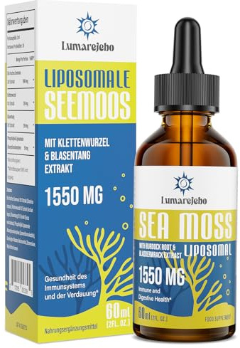 Liposomale Irisch Sea Moss Tropfen 1500mg - Hochdosiertes Seemoos - Blasentang & Klettenwurzel - 5X Maximale Absorption, Praktischer als Gel & Kapseln - 10:1 Original Meermoos Extrakt - Vegan - 60 ml