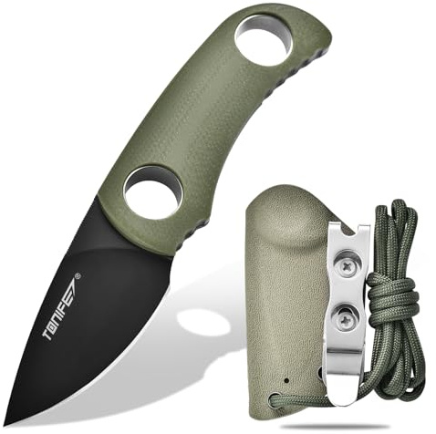 TONIFE 4,7 cm fast bladkniv, minihalskniv med Kydex-fodral och snodd, EDC bärbar fast kniv för överlevnad utomhus (grön + svart titan)