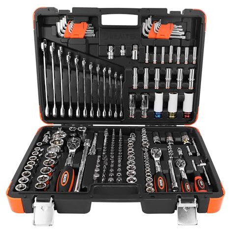 REALTEK Steckschlüsselsatz 178-teilig, 1/2 1/4 3/8 Steckschlüssel-Satz, Knarrenkasten, Werkzeugkoffer Mit Ratschen, Steckschlüssel und Bitsatz, Cr-V Ratschenschlüssel Set für Fahrrädern und Autos