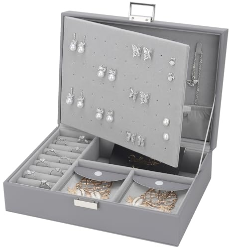 DesignSter Schmuckkästchen, Große PU Schmuckaufbewahrung für Damen Mädchen, Schmuckschatulle mit 8 kleinen Schmucktaschen, Groß Schmuckbox für Ringe, Ohrringe, Halskette, Grau
