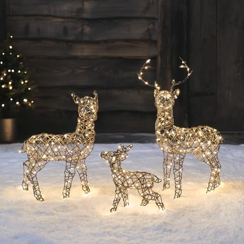 Lights4fun Set di 3 Renne Luminose in Vimini Rattan di 56 cm, 45 cm e 25 cm a 320 LED Bianco Caldo con Timer Decorazione di Natale Figura Natalizia per Interni ed Esterni