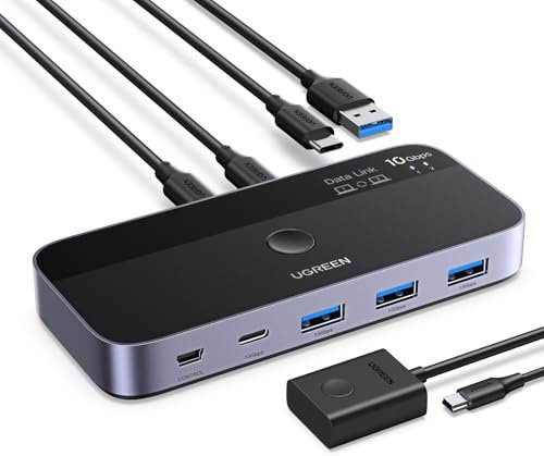 UGREEN Switch USB C 3.2 10Gbps Commutatore KVM Porte per 2 PC Ingressi 4 Uscite Sincronizzazione di File per Tastiera e Mouse con Controller della Scrivania e Cavi Inclusi