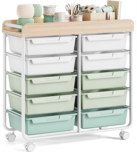 10-Drawer Craft Organizer Trolley Cart, Green | Mobile Rolling Cart, DIY Label Slot, for Home/Office/School/Craft Room