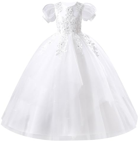 EFOGEP Vestido de niña de flores floral bordado manga corta de tul tutú princesa vestidos niño niña boda dama de honor cumpleaños primera comunión desfile maxi vestido de fiesta 5-11 años, Blanco, 5-6