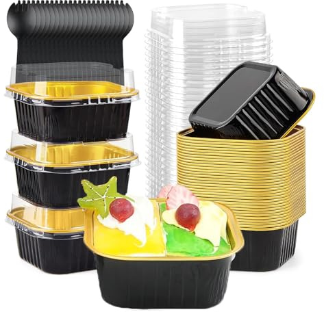 Moules Soufflé Pâtisserie Papier D'Aluminium, 50 Pièces 150 ml Plats de Cuisson Carrés en Papier D'aluminium, Mini Moules à Gâteaux avec Couvercles et Cuillères, pour la Maison(Noir)