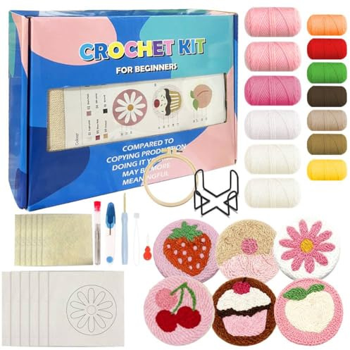 Set di 6 sottobicchieri Punch Needle Starter Set con motivi, filato, telaio per ricamo, istruzioni e supporto, semplice set di ricamo fai da te per principianti, bambini