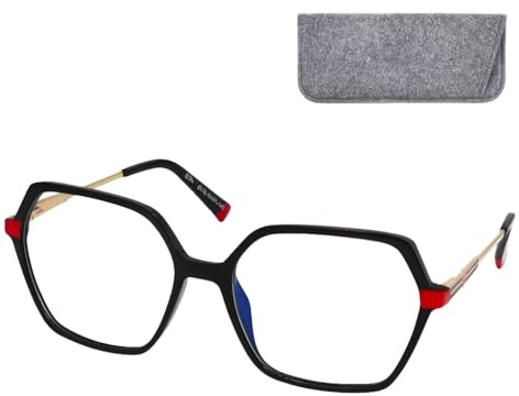Mini Brille – Lunettes de Lecture Oversize Hexagonales, Monture Légère Plastique & Branches Métal (Noir), Boite Inclus, Lunette Loupe Femme + 2.0 Dioptrie