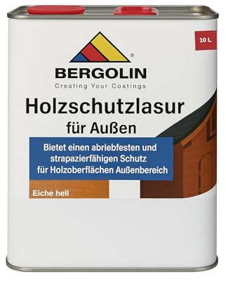 Bergolin Holzschutzlasur Eiche hell für Außen 10 Liter – Abriebfest - Strapazierfähig - Wetterfest - UV-Beständig.