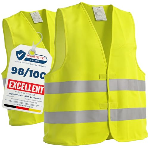 Upgrade4cars Giubbotto Catarifrangente Auto Gilet Alta Visibilità Omologato 2 Pezzi Set Uomo Donna | EN ISO 20471 CE | Giallo Fluo Taglia Unica Regolabile fino a XXL Poliestere Codice Strada