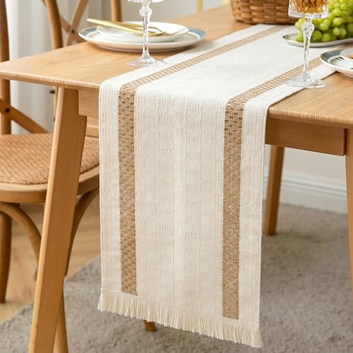 Table Runners, 30×180cm Boho Hand Woven Cotton Tassels Table Cover | Cotton, Cream Beige Table Cloth for Kitchen Dining Table Home Party Decor