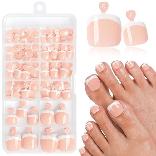 LunarCharm 120 pezzi di unghie dei piedi French tip bianche da premere, Unghie dei piedi da incollare con linguette adesive, Unghie artificiali French tip bianche da premere e incollare