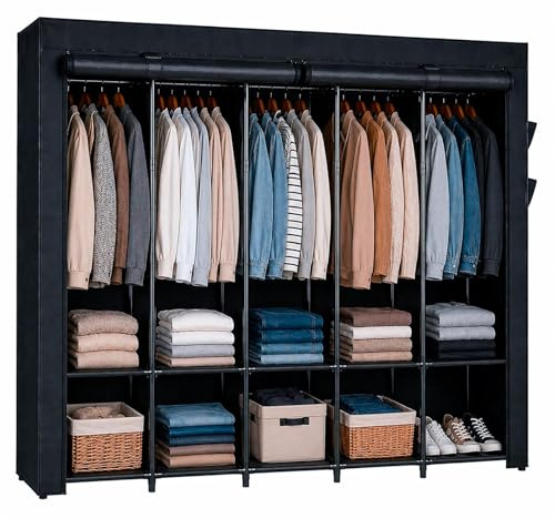 Harbour Housewares Portable Fabric Wardrobe - Black -211x45x167cm Clothes Storage Closet with Hanging Rails, Shelves & Side Pockets, Zipped Cover, Lightweight Freestanding Clothing Organiser