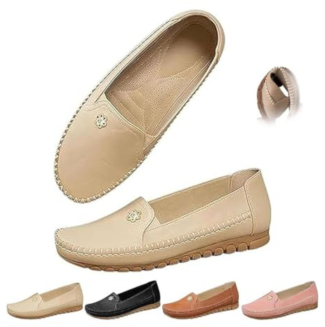Chaussures orthopédiques en cuir légères, antidérapantes et respirantes pour femme, mocassins à enfiler avec fleurs, chaussures de marche décontractées et confortables, beige, 36 EU