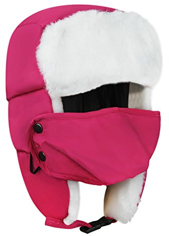 Unisex Kids Teens Girls Boys Faux Fur Winter Warm Trapper Hat with Ear Flaps,Windproof Face Mask Fleece Thermal Outdoor Snow Ski Russian Ushanka Cap Trapper Trooper Pilot Aviator Hat Headwear - Pink -
