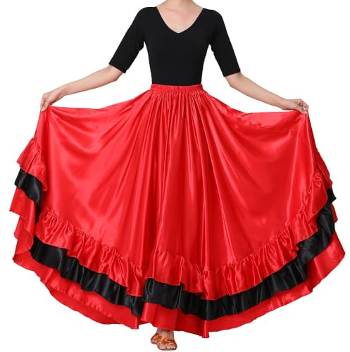 Backgarden Falda Larga de satén para Mujer, Color Negro y Rojo, para Danza del Vientre, Flamenco español, Danza del Vientre, Ballet, actuación folclórica, Tema Rojo, Talla única