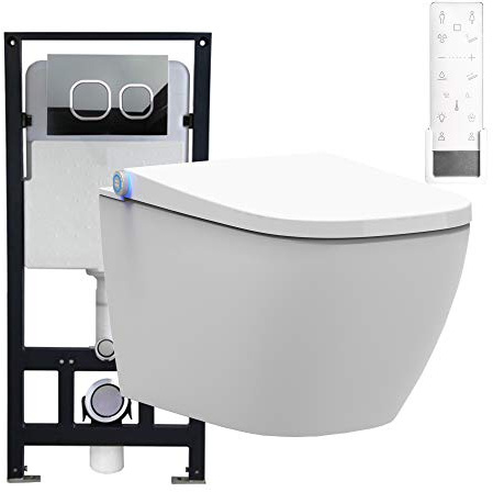 BERNSTEIN Pack WC japonais + Bâti-support plaque Blanc mat, Toilettes suspendu lavant + télécommande, jet douche, séchoir air chaud, filtre & ventilateur à odeurs, Chasse 180°, 59x38x38cm, Pro+1104