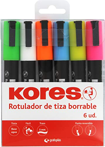 kores. 30212599. Pack de 6 Rotuladores de Tiza Líquida Borrable RT1. Colores Surtidos. Punta Reversible.