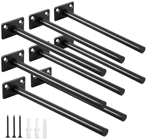 MHMYDZ 8 Pcs 8 Black Solid Steel Floating Shelf Bracket Blind Shelf Supports - Hidden Brackets for Floating Wood Shelves - Concealed Blind Shelf Support – Screws and Wall Plugs Included