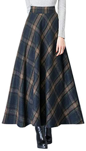 Cicilin - Faldas de lana a cuadros tartán a cuadros falda larga acampanada retro de cintura alta una línea caliente plisada otoño-invierno, azul marino, XXL