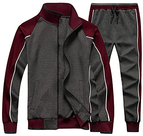 amropi Tute da Ginnastica Uomo Maniche Lunghe Felpa con Cerniera e Jogging Pantaloni Sportiva Set Grigio Borgogna,XXL