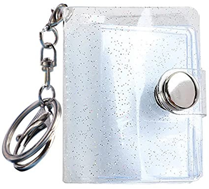 mollensiuer 1 Piece 16 Pockets Mini Insert Photos Photo Album with Keychain Photo Card Holder Binders for Picture Storage Book Family Wedding Memory Gift (2 Inch, Transparent)