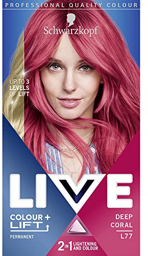Schwarzkopf LIVE Colour + Lift Deep Coral Permanent Hair Dye L77, Vibrant Pink Hair Dye Lightens Up To 3 Levels, Long Lasting Hair Colour with Built-In Lightener