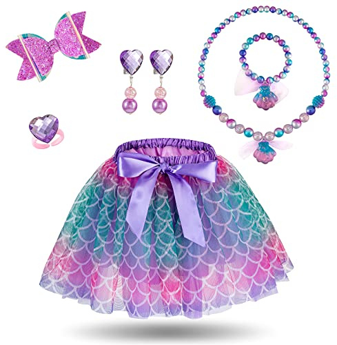 Hifot sjöjungfru kostym flicka med hårband halsband armband örhängen ring smycken set, tyllkjol barn prinsessa klänning flicka för halloween karneval cosplay födelsedag fest utklädnad barn