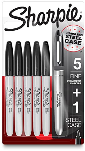 Sharpie Permanent Markers with Stainless Steel Marker Case Fine Point Black 6 Count