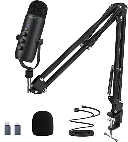ZealSound Podcast Microphone with Boom Arm, USB Mic with Noise Reduction, Mute, Echo & Volume Control, Zero-Latency Monitoring, Compatible with PC Mac iPhone & Android, for Podcasting Gaming YouTube