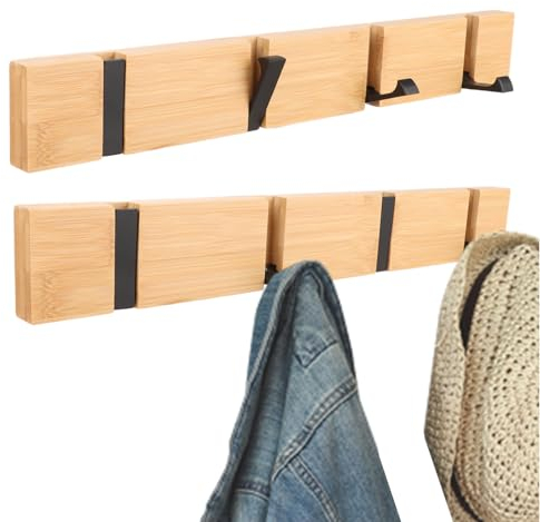 AKOLAFE 2 Stück 40CM Garderobenhaken Holz Bambus Kleiderhaken Wand Selbstklebend Garderobenleiste Holz Klapphaken Natur Hakenleiste Garderobenhaken Klappbar holz für Mäntel, Hüte, Schals,Schlüssel