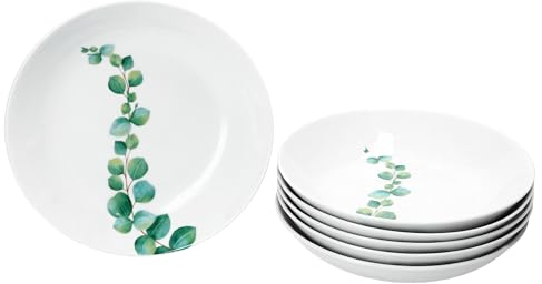 MamboCat Lot de 6 assiettes creuses en eucalyptus de 350 ml - Assiettes creuses en porcelaine blanche pour 6 personnes avec décor végétal - Assiettes pour salade, soupe, pâtes, etc. - Vaisselle pour