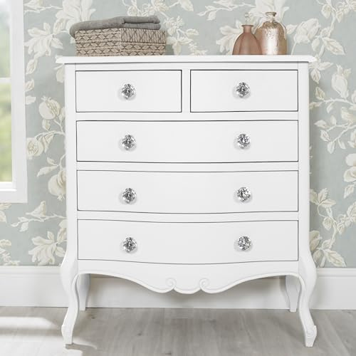 Juliette Chest of Drawers | 5 Drawer French Style White Chest with Crystal Handles | Assembled Bedroom Furniture (BRF-027-W-DCH)