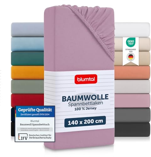 Blumtal® Baumwolle Spannbettlaken 140x200cm Basics Jersey - Bettbezug 140x200cm - Oeko-TEX zertifiziertes Spannbetttuch - Bettbezug - Leintuch - Dusty Orchid