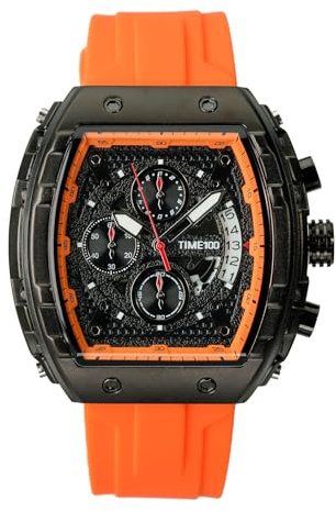 TIME100 Watch for Men Chronograph Calendar Square Face Luminous Punk Style Multifunctional Sub-dial Men's Skeleton Tonneau Watch Adjustable Silicone Strap