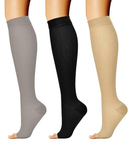 KEYRI 3 Paires Bas De Contention Homme et Femme, Chaussettes de Compression Pied Ouvert Bas De Compression Genou Haut Manchon de Compression Mollet pour Voyages Sportive Vols (Noir, Beige, Gris, L-XL)
