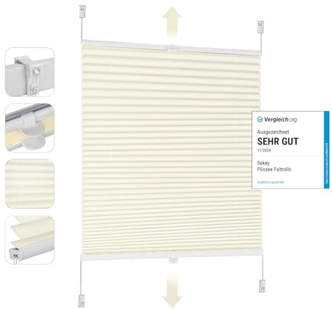 Sekey Plissee Klemmfix ohne Bohren 90x130cm Faltrollo Plisseerollo Jalousie für Tür & Fenster Blickdicht Sichtschutz Sonnenschutz Fertifplissee Rollo 90 cm breit Beige
