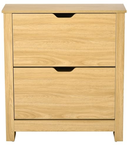 HOMCOM Armario Zapatos Slim 2 cajones abatibles 6-12 Pares Natural | Armario para zapatos, Armario ahorrador de espacio, Estantes ajustables, Pasillo, Sala de estar.