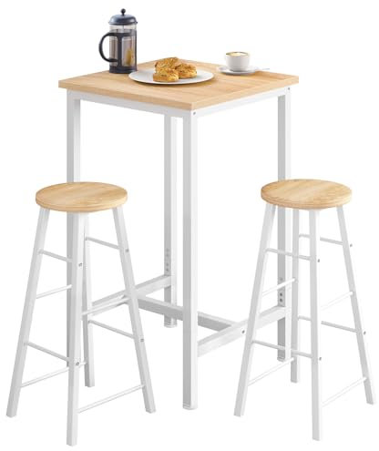 WOLTU Bartisch mit Barhocker Set, Stehtisch mit 2 Hockern, Essgruppe aus Metall & Holz, Küchentisch klein mit Küchenstühlen, Helle Eiche + Weiß