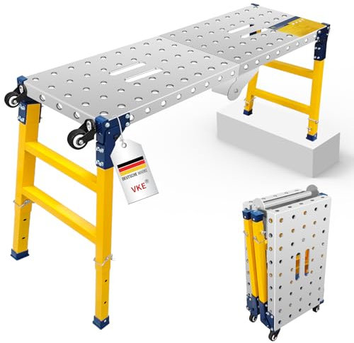 VKE Plataforma de Trabajo de Chapa Galvanizada, 500 KG de Capacidad de Carga, Andamio Portátil, Patas Antideslizantes, Escalera Andamio Plegable con 4 Ruedas Universales, Regulable en Altura