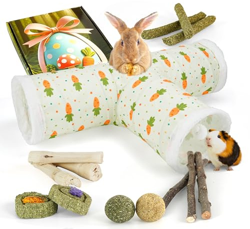 LEXASTLE Bunny Tunnels & Tubes Collapsible 3 Way Rabbit Hideout with 13pcs Toys for Bunny Guinea Pig Hamster Chinchilla Hedgehog Rat Ferret Kitten (Fleece Carrot)