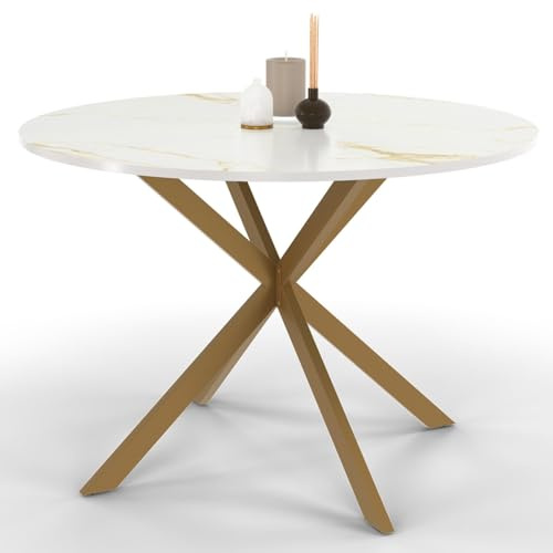 IDMarket - Table à Manger Ronde Alix 6 Personnes Pied araignée Laiton et Plateau Effet marbre doré Alaska 110 cm