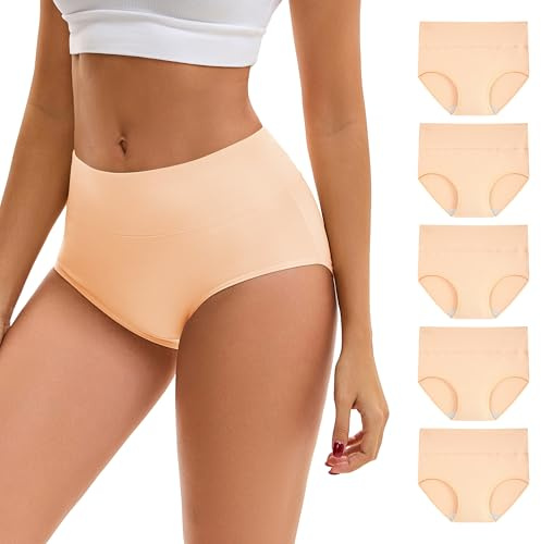INNERSY Bragas Mujer Algodon Beige Braguitas Postparto Altas Ropa Interior Cómodo Pack de 5 (XL-EU 44, 5 Beige)