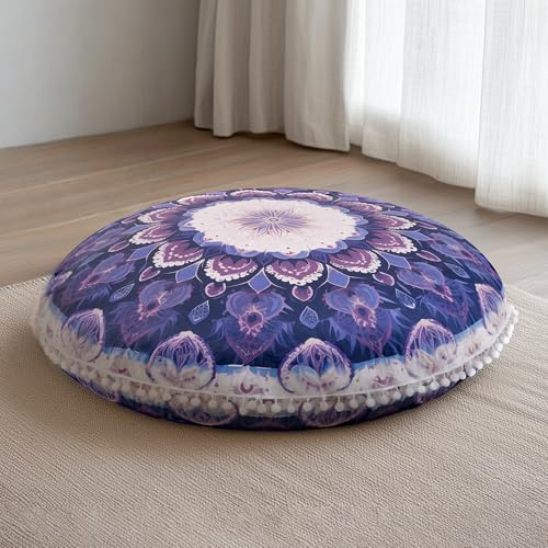 DAWNYIELD Rund meditationskudde, golvkudde med avtagbart och tvättbart foder, 80 cm stor ergonomisk yogamatta med pompom-dekorationer, inomhus- och utomhusbruk, Lila