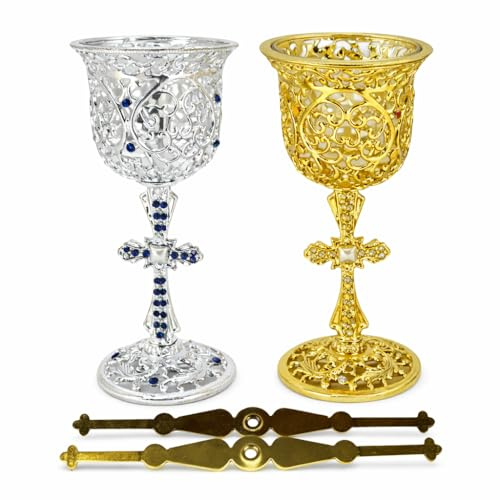 misticSparks Elegant Table Candle with Cross - Metal Stand Gold or Silver with Glass Cup 15cm Height 7cm Width Hanging Spiritual Gift Home Altar (Gold)