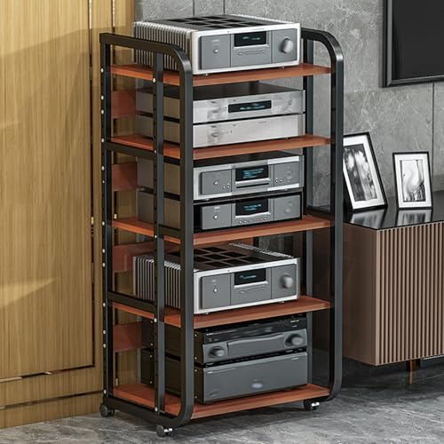 Hifi-Ställ 5-Vånings Av-Mediastativ Med Justerbara Hyllor Och Roterande Tornställ I Trä För Spel Och Hemmastereounderhållning, Vitt Ljus(Svart + Teak)